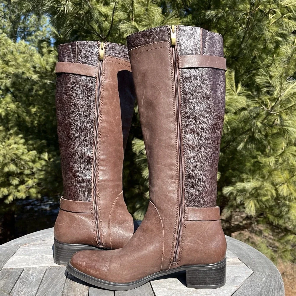 Franco Sarto L-Crash Riding Boots Womens Size 9 Brown Leather Tall Full Zip‎
